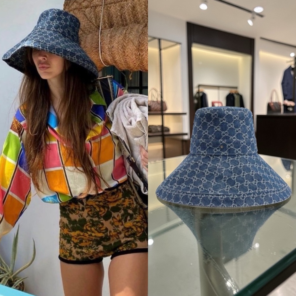 Auth Gucci denim Monogram Wide-Brim Hat Sun Bucket Hat w/ Dust Bag